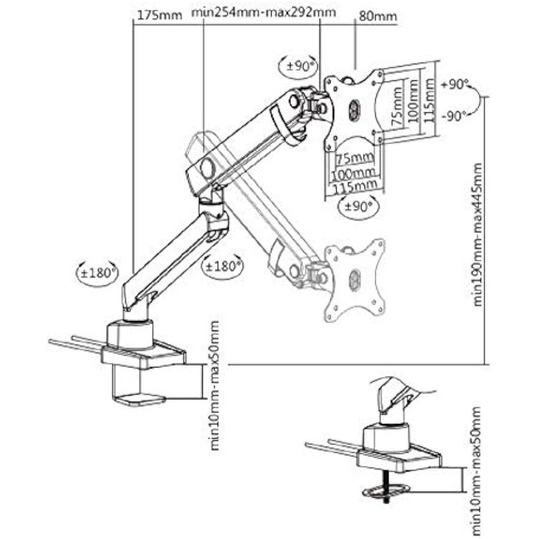 Amer Mounts | LED LCD Monitor Arm | Hydra Lift Articulating Arm | Clamp and Grommet Base | (Single 17"-32"), Black (HYDRA1B)