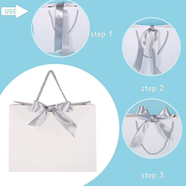 10 Pcs White Gift Bags with Silver Bow Ribbon, Paper Party Favor Bag with Handles Gift Bags Large for Wedding Graduation Birthday Party Celebration Present Bags, 12.5x10x4.3 Inches