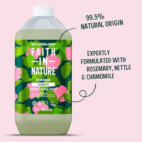 Faith In Nature Natural Wild Rose Shampoo, Nourishing for Normal Hair & Scalp, Vegan & Cruelty Free, No SLS, Silicones or Parabens, 5L Refill Pack