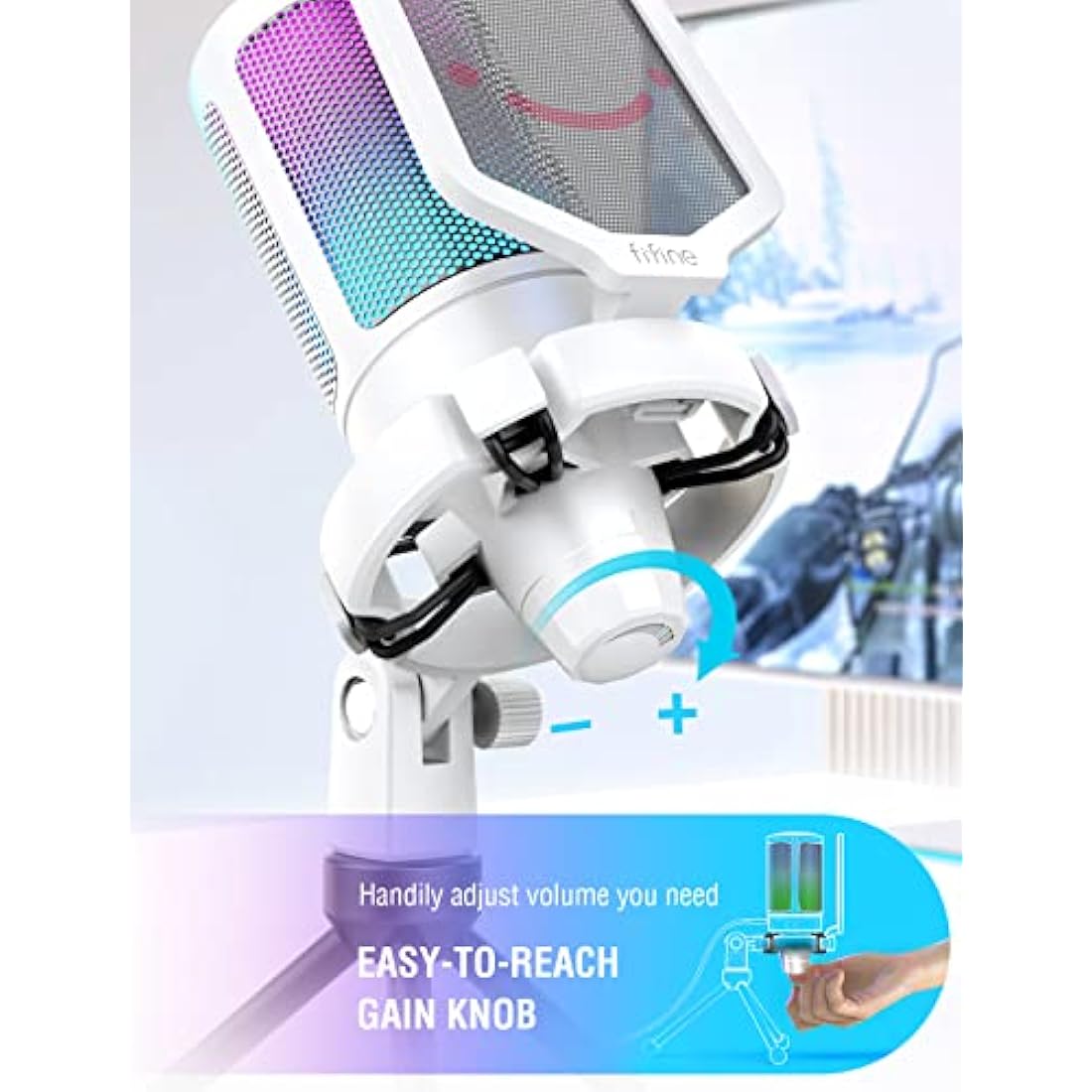 FIFINE USB Microphone for Gaming Streaming, PC Computer Desktop RGB Mic with Condenser Cardioid Capsule, Gain Knob, Shock Mount, Stand for Home Use, Online Meeting on Mac OS, Windows-A6V White