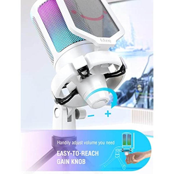 FIFINE USB Microphone for Gaming Streaming, PC Computer Desktop RGB Mic with Condenser Cardioid Capsule, Gain Knob, Shock Mount, Stand for Home Use, Online Meeting on Mac OS, Windows-A6V White