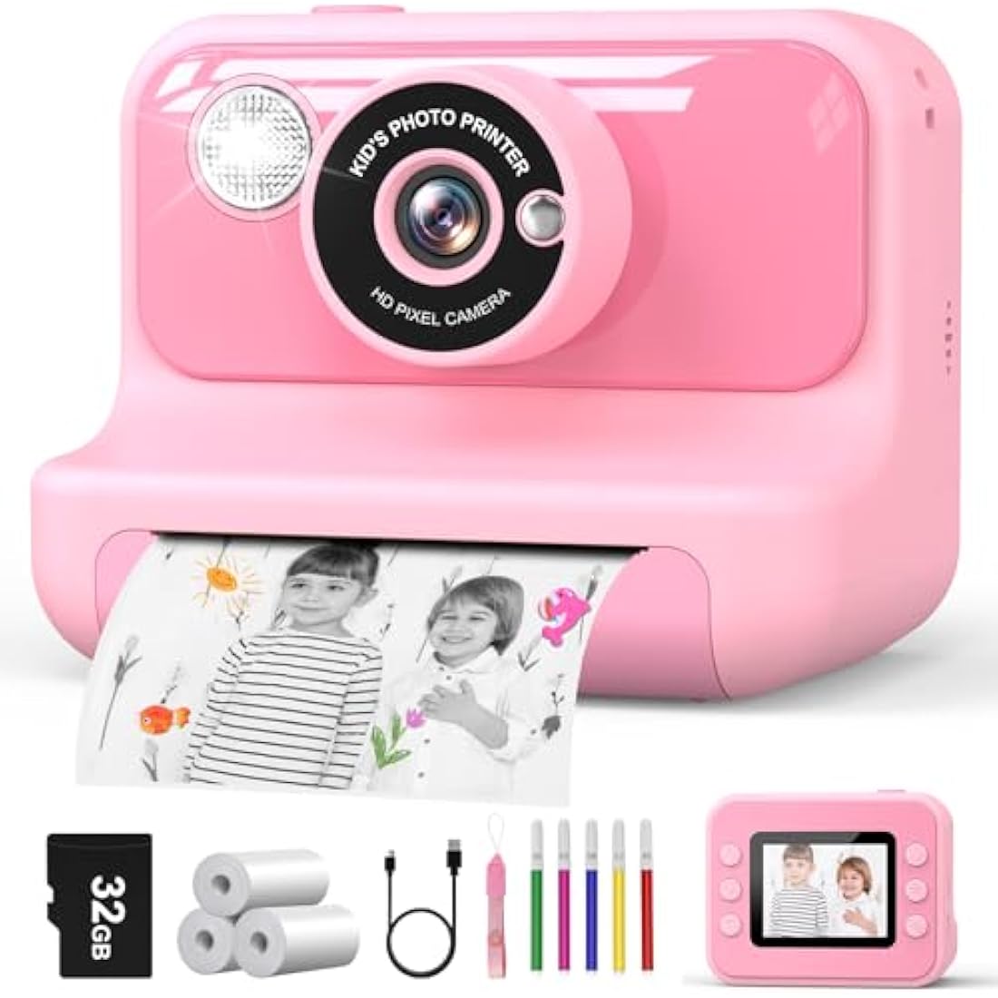 Hangrui Kids Camera Instant Print, 2.4'' Instant Camera for Kids, 1080P Children Cameras with 32GB Card & 3 Rolls Photo Paper, Christmas Birthday Gifts Toys for Girls & Boys Aged 3-12 -Pink