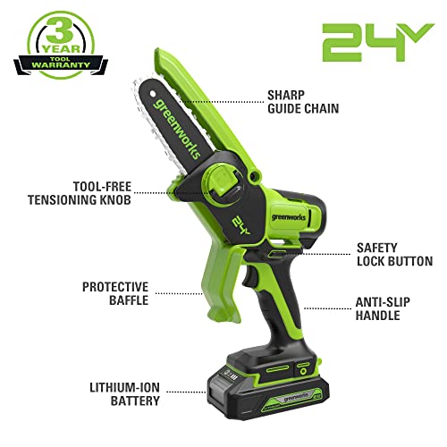 Greenworks 24V Mini Chainsaw 4 Inch (10cm) Cordless Battery Powered Chainsaw Without Battery & Charger,7.8m/s Chain Speed Electric Chainsaw for Tree