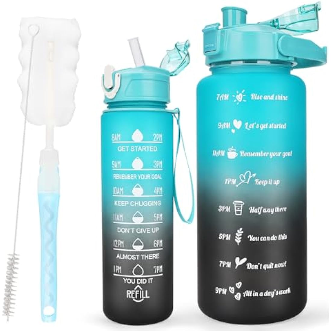 CodiCile 2 Pack Water Bottle Set - 2 Liters & 750ml With Straw, BPA Free, Motivational Canteen With Time Marking, Leakproof Large Sport Drink Bottle for Women Men