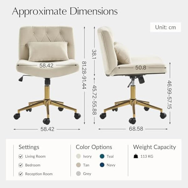 HULALA HOME Vanity Chair with wheels Criss Cross Legged Armless Adjustable Height Velvet Swivel Chair for Home Office Bedroom