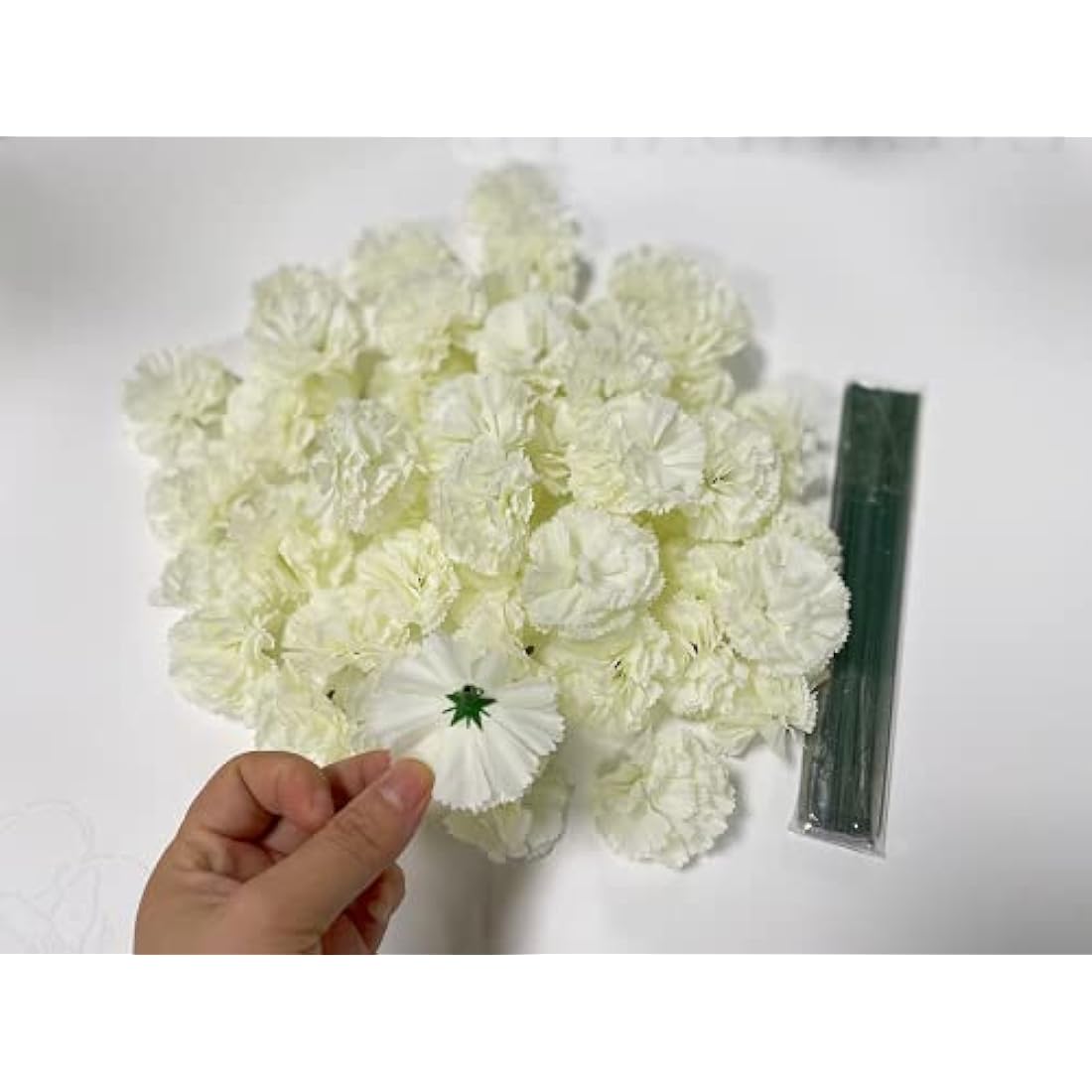 50 Artificial Silk Carnation Flower Head with Stems Set,Vase Fillers, for Home Bridal Wedding Party Birthday Cake Ornaments,Handmade Wrist Corsage,2" Multiple Petals Heads with 8" Stems (White)
