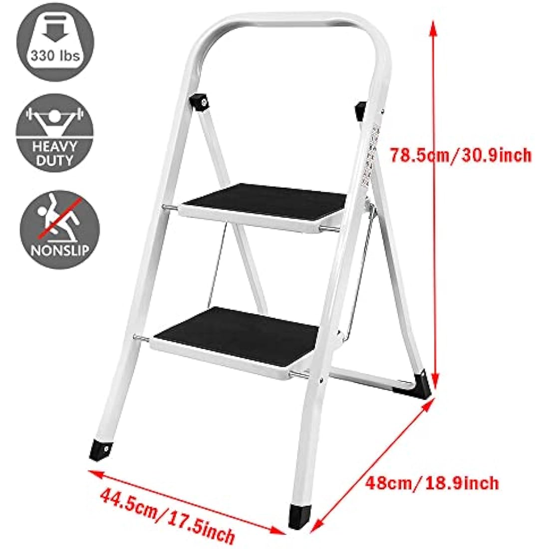 2 Step Ladder Portable Folding 2 Step Stool Heavy Duty Steel Ladder with Hand Rail and Anti-Slip Wide Pedal, Lightweight Stepladder for Home and Kitchen Use, 330lbs Capacity