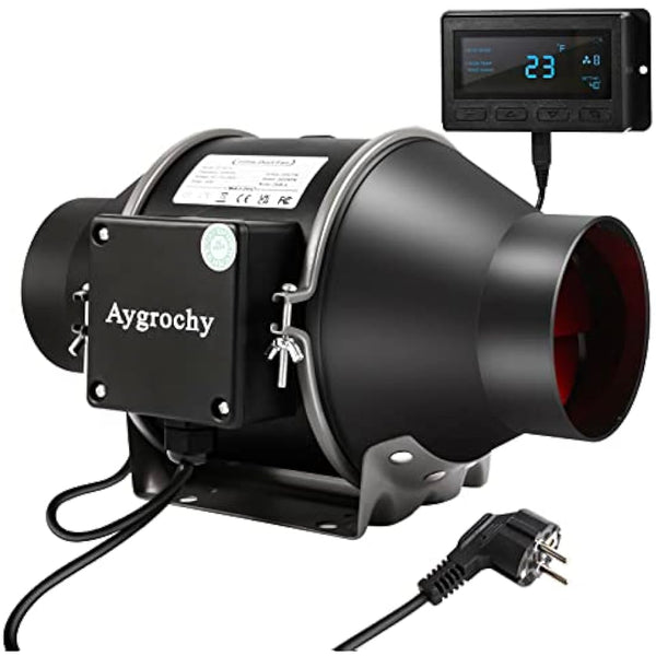 Aygrochy Quiet 6” Inline Duct Fan with Temperature Humidity Controller - Ventilation Exhaust Fan Using for Heating Cooling Booster, Grow Tents, Hydroponics,Home use Ventilation and Exhaust Blower.