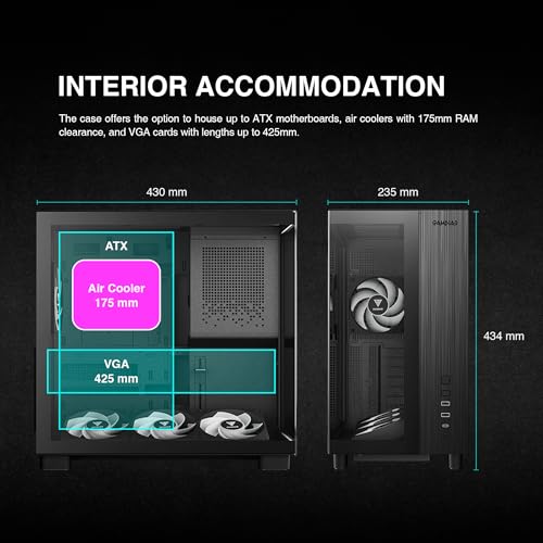 GAMDIAS PC Case, ATX Gaming Mid Tower, No-Hub, Real-time Monitor, Seamless Tempered Glass, Pre-install 3 x 120 mm ARGB PWM Fans, Side Vents Perforated, Black