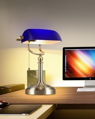 Newrays Blue Glass Bankers Desk Lamp with Pull Chain Switch Plug in Fixture for Home Office,Library