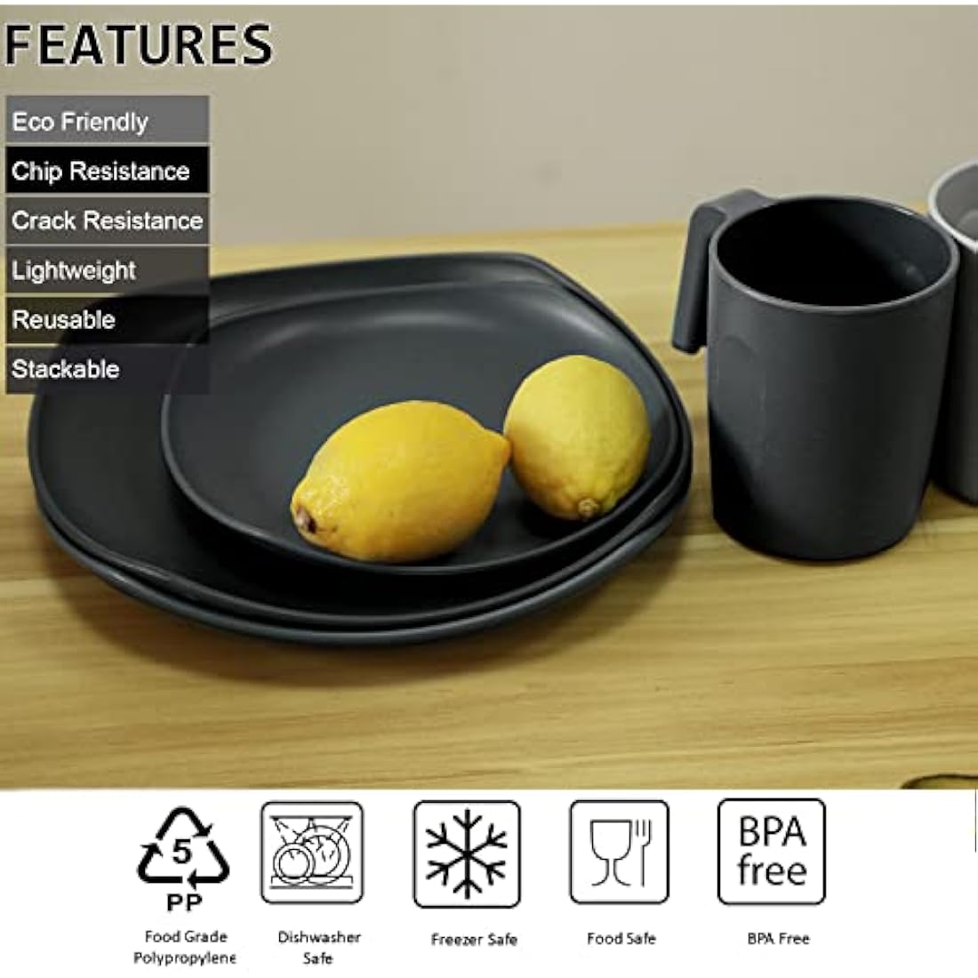 Greentainer Unbreakable Lightweight Dinnerware Sets, Plastic Dinner Set, 4 Dining Plates, 4 Bowls, 4 Cups, Microwave and Dishwasher Safe, Camping Tableware for Kids and Adults, Service for 4(Grey)