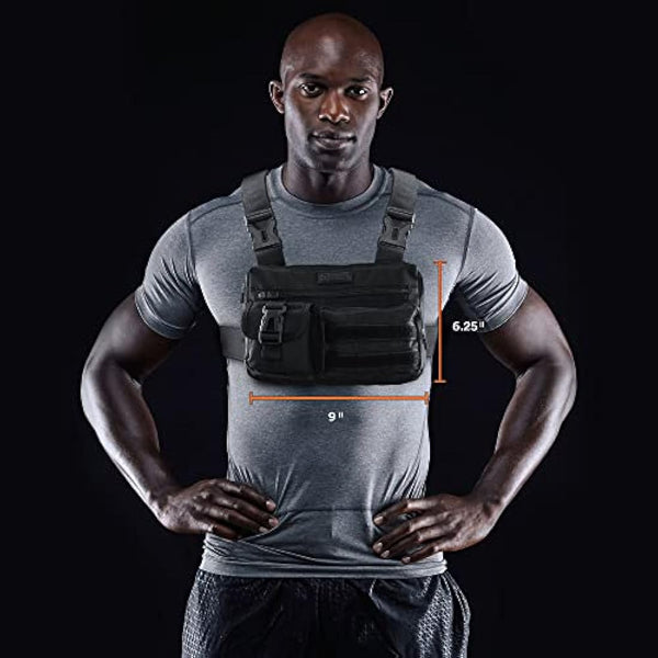 Fitdom Tactical Inspired Sports Utility Chest Pack. Chest Bag for Men with Built-in Phone Holder. This EDC Rig Pouch Vest is Perfect for Workouts, Cycling & Hiking, Jet Black, Tactical Chest Bag