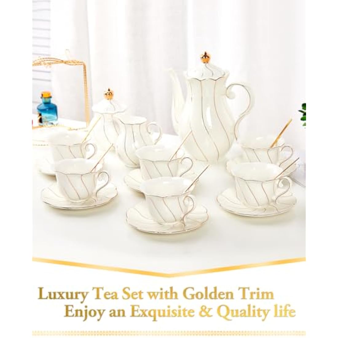 DUJUST 22 pcs White Porcelain Tea Set for 6, Luxury British Style Tea/Coffee Cup Set with Golden Trim, Beautiful Tea Set for Women, Tea Party Set, Gift Package (Including a Stand) - White