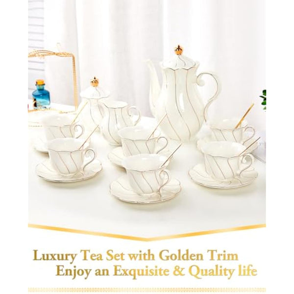 DUJUST 22 pcs White Porcelain Tea Set for 6, Luxury British Style Tea/Coffee Cup Set with Golden Trim, Beautiful Tea Set for Women, Tea Party Set, Gift Package (Including a Stand) - White