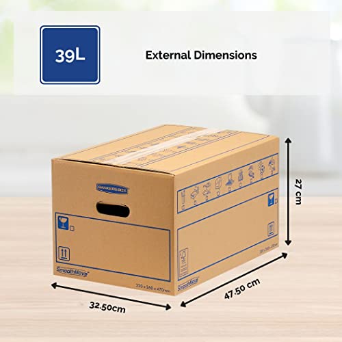 8 BANKERS BOX Large Strong Moving Boxes, 39L C-Flute SmoothMove Cardboard Storage Packing Boxes, Heavy Duty Cardboard Boxes for Moving House with Handles, 47cm x 32cm x 26cm (Pack of 8), Brown