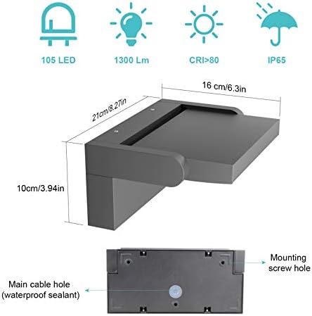 Klighten 24W LED Wall Light Outdoor Indoor, Waterproof IP65 Adjustable Wall Lamp Aluminum, Modern Outside Light Main Power for Entrance Garden Balcony, 1500 Lumen, Dark Gray, Natural White 4000K