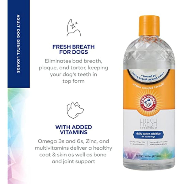 ARM & HAMMER Fresh Spectrum Coconut Mint Dog Water Additive, 473ml, Best Dental Care for Dogs, Removes Plaque & Tartar, Freshens Breath, Gum & Teeth Cleaning, No Brushing, Easy to Use Pet Oral Hygiene