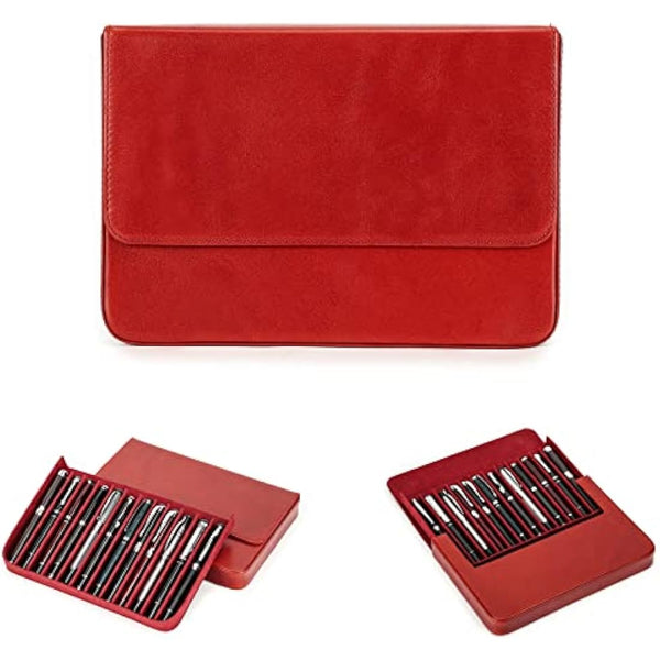 Hiram Leather Pen Case for 12 Pens Vegetable Tanned Leather Fountain Pen Storage Box with Hidden Magnetic Snap Closure and Pen Tray Design (Red)