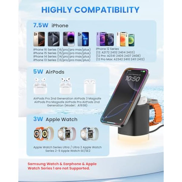 JoyGeek 3-in-1 Charger Stand for Magsafe, Foldable Wireless Charging Station with Night Lights, Magnetic Charger Dock for iPhone 16/15/14/13/12 Pro/Max, AirPods 4-2, Apple Watch 2-10/Ultra (Black)