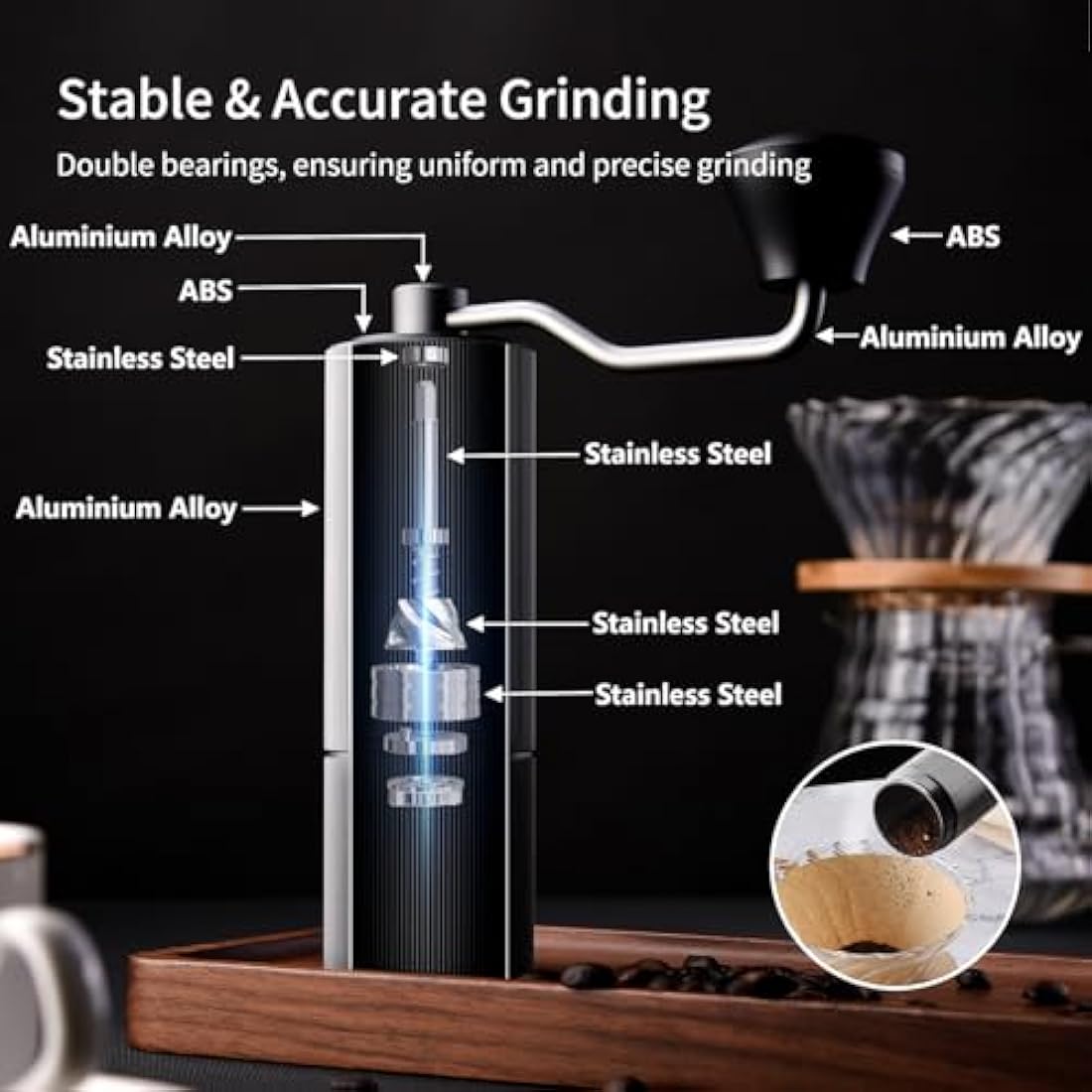 ELMWAY Manual Coffee Grinder – Stainless Steel Burr & Shaft, Dual Bearings, Lightweight Aluminium Body & Handle, Adjustable Grind, ABS Support Frame, Travel Pouch – Silver
