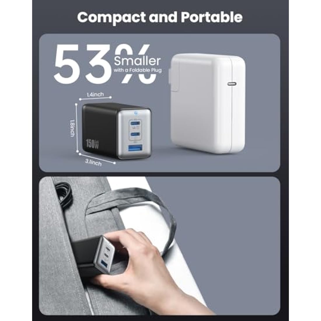 150W USB C Charger, 3-Port USB C Plug Fast Charger, GaN III Compact Wall Charger, 100W Laptop Charger for MacBook Pro/Air, Dell, iPad, iPhone 16 Pro/15, Galaxy S24, Pixel 9, Steam Deck,etc