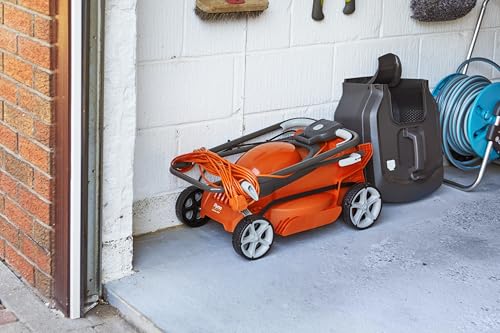 Flymo EasiStore 380R Electric Rotary Lawn Mower - 38 cm Cutting Width, 45 Litre Grass Box, Close Edge Cutting, Rear Roller, Central Height Adjust, Space Saving Storage Features