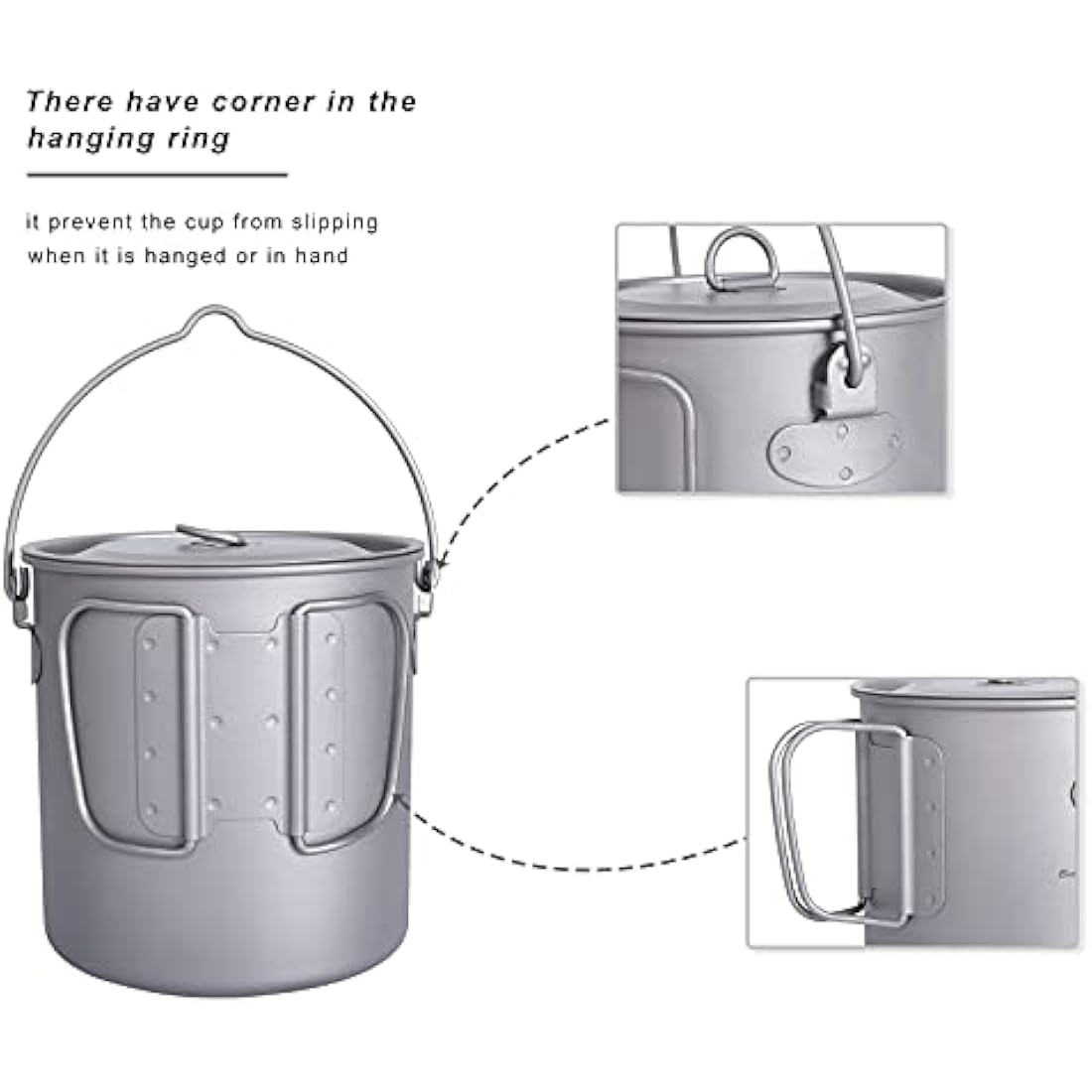 iBasingo 1250ml Titanium Mug Camping Cup Tea Coffee Water Pot with Lid Ultralight Outdoor Travel Tableware with Foldable Handle Picnic Backpacking Trekking Portable Drinkware Survival Gear Ti3042D
