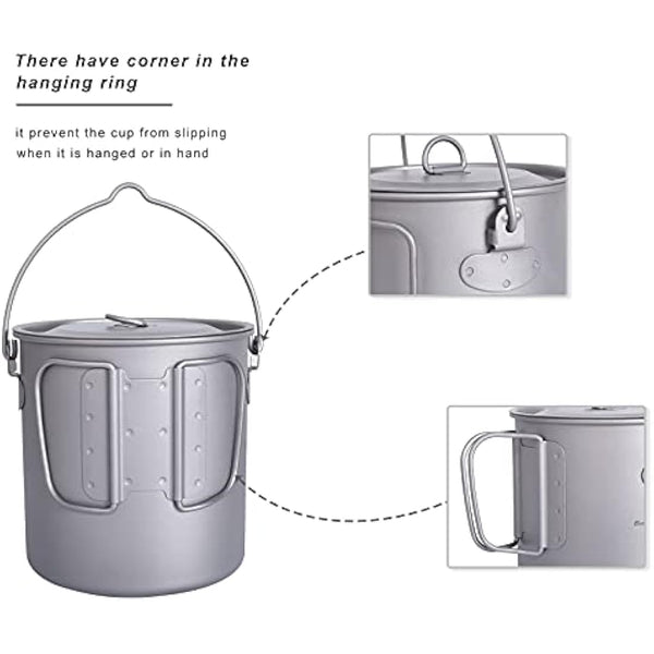 iBasingo 1250ml Titanium Mug Camping Cup Tea Coffee Water Pot with Lid Ultralight Outdoor Travel Tableware with Foldable Handle Picnic Backpacking Trekking Portable Drinkware Survival Gear Ti3042D
