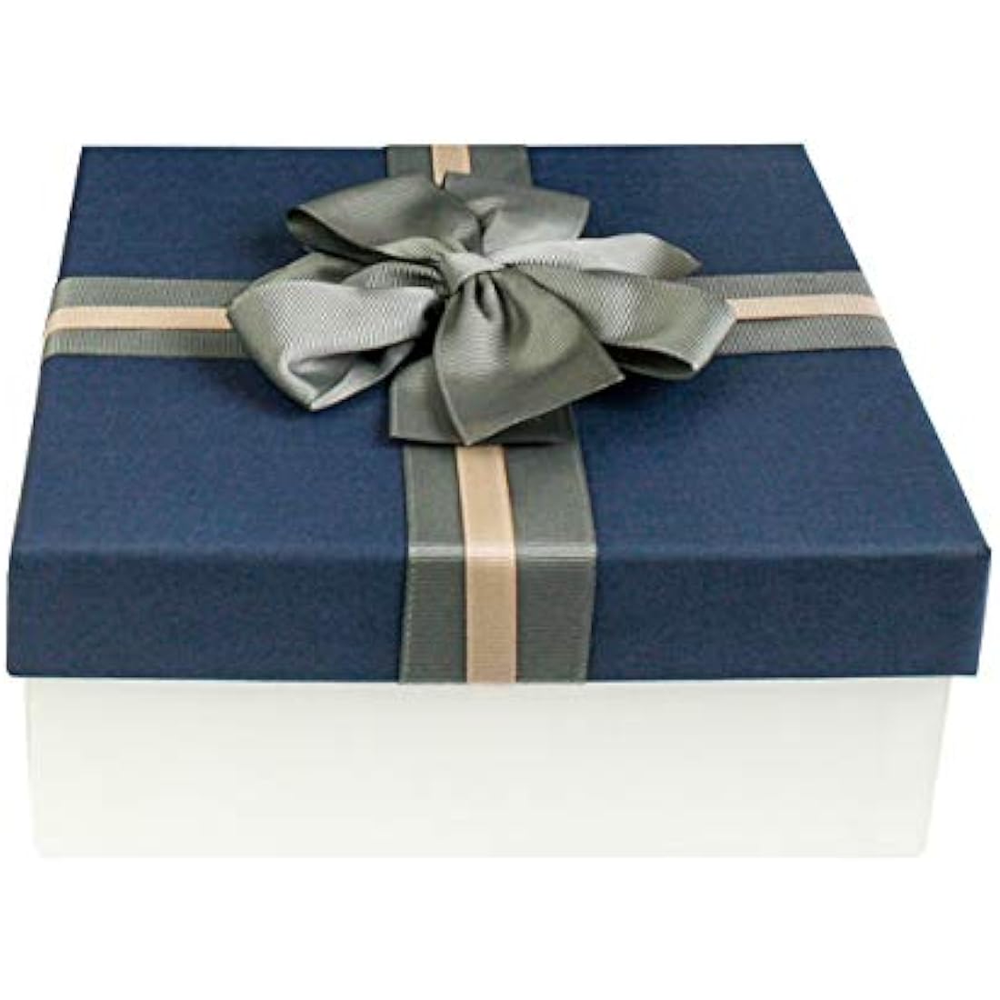 Emartbuy Gift Box, 23.5 x 23.5 x 10 cm, Cream Box with Blue Lid and Striped Decorative Bow Ribbon