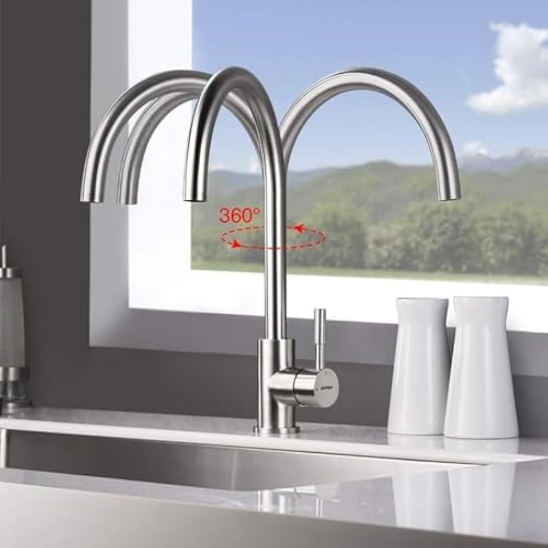 GRIFEMA G4008 Kitchen Sink Taps Mixer with Single Lever High Arc 360°Swivel, Stainless Steel Kitchen Mixer Taps 1 hole with Chrome Finish, Classic Design[Energy Class A+]