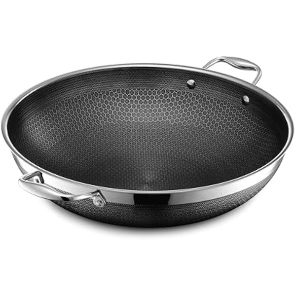 HexClad 35 cm Hybrid Stainless Steel Wok Pan with Stay-Cool Handles, Oven Safe, Works with Induction, Ceramic, Non-Stick, Electric, and Gas Cooktops