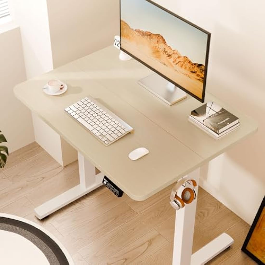 ERGOMAKER Electric Small Standing Desk 80x60cm Height Adjustable Desk, Sit Stand Desk with Memory Handse and Hooks, for Home Office (White Frame + Gold Oak Desktop)