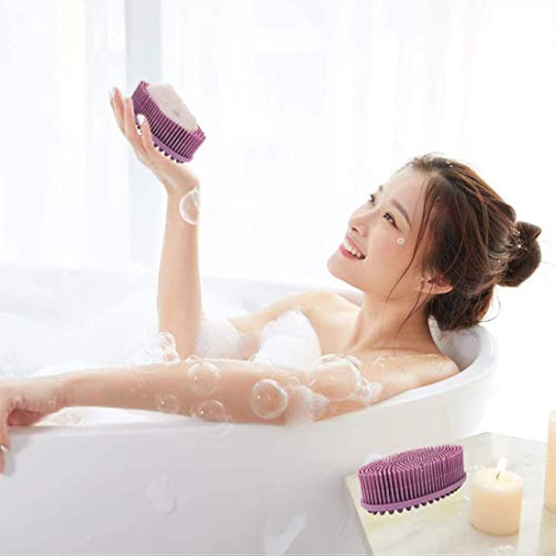 Body Brush,Silicone Body Bath Brush Double Side Back Scrubber Handle Bath Shower Brushes Scrubbers with Ultra Soft Bristles,Non-Slip