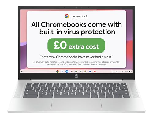 HP Chromebook 14" | Intel Processor N100 Processor| 4 GB RAM | 128 GB Flash Storage | Intel UHD Graphics | HD Display | Up to 12hrs battery | Chrome OS | Dual Speakers | Glacier Silver | 14a-nf0002sa