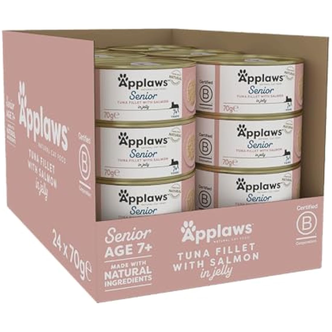 Applaws Natural Senior Wet Cat Food,Tuna with Salmon in a Soft Mousse Jelly 70g Tin (Pack of 24 x 70g Tins)
