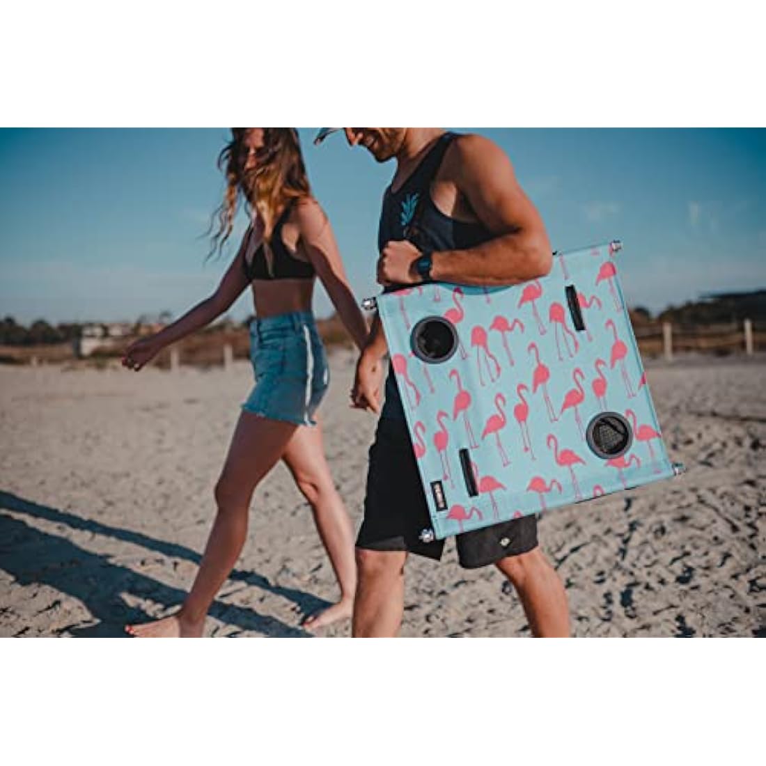 Neso Portable Beach Table with Cup Holders, Cell Phone Pockets, Lightweight for Picnics and Parks (Flamingos)