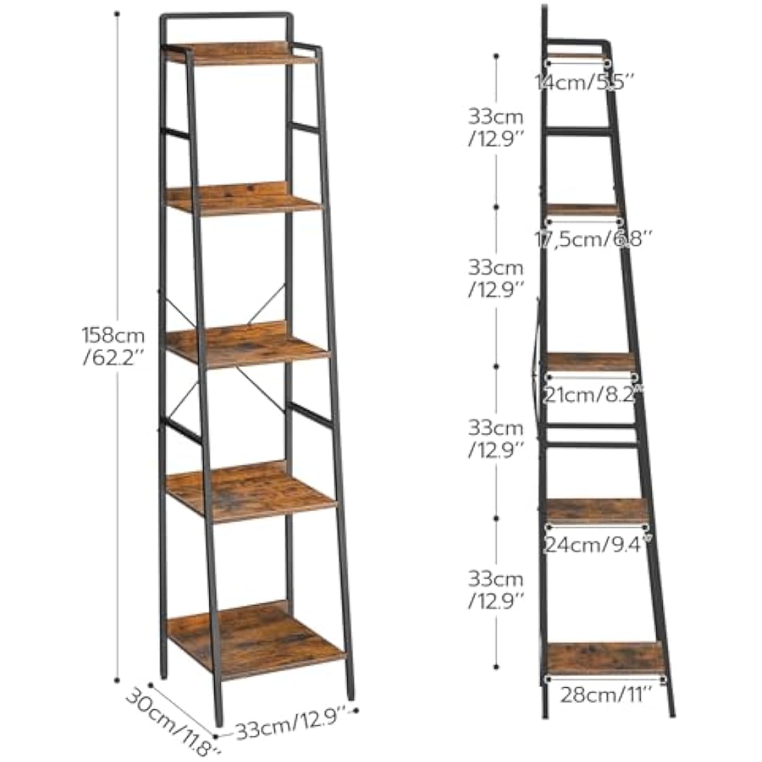 HOOBRO Ladder Shelf, Tall Narrow Bookcase, 5-Tier Book Shelf with Metal Frame, Tall Storage Shelf, Industrial Storage Unit for Home Office, Living Room, Bedroom, Rustic Brown and Black EBF35SJ01