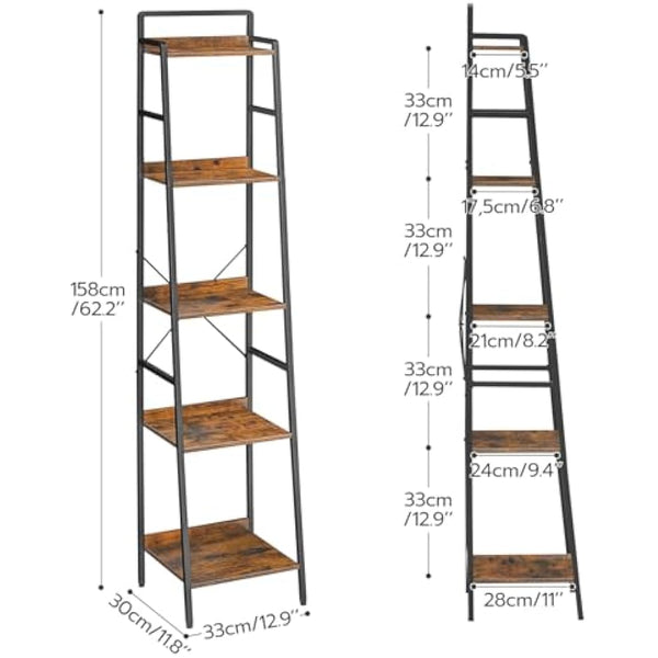 HOOBRO Ladder Shelf, Tall Narrow Bookcase, 5-Tier Book Shelf with Metal Frame, Tall Storage Shelf, Industrial Storage Unit for Home Office, Living Room, Bedroom, Rustic Brown and Black EBF35SJ01