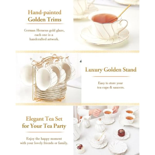 DUJUST 22 pcs White Porcelain Tea Set for 6, Luxury British Style Tea/Coffee Cup Set with Golden Trim, Beautiful Tea Set for Women, Tea Party Set, Gift Package (Including a Stand) - White