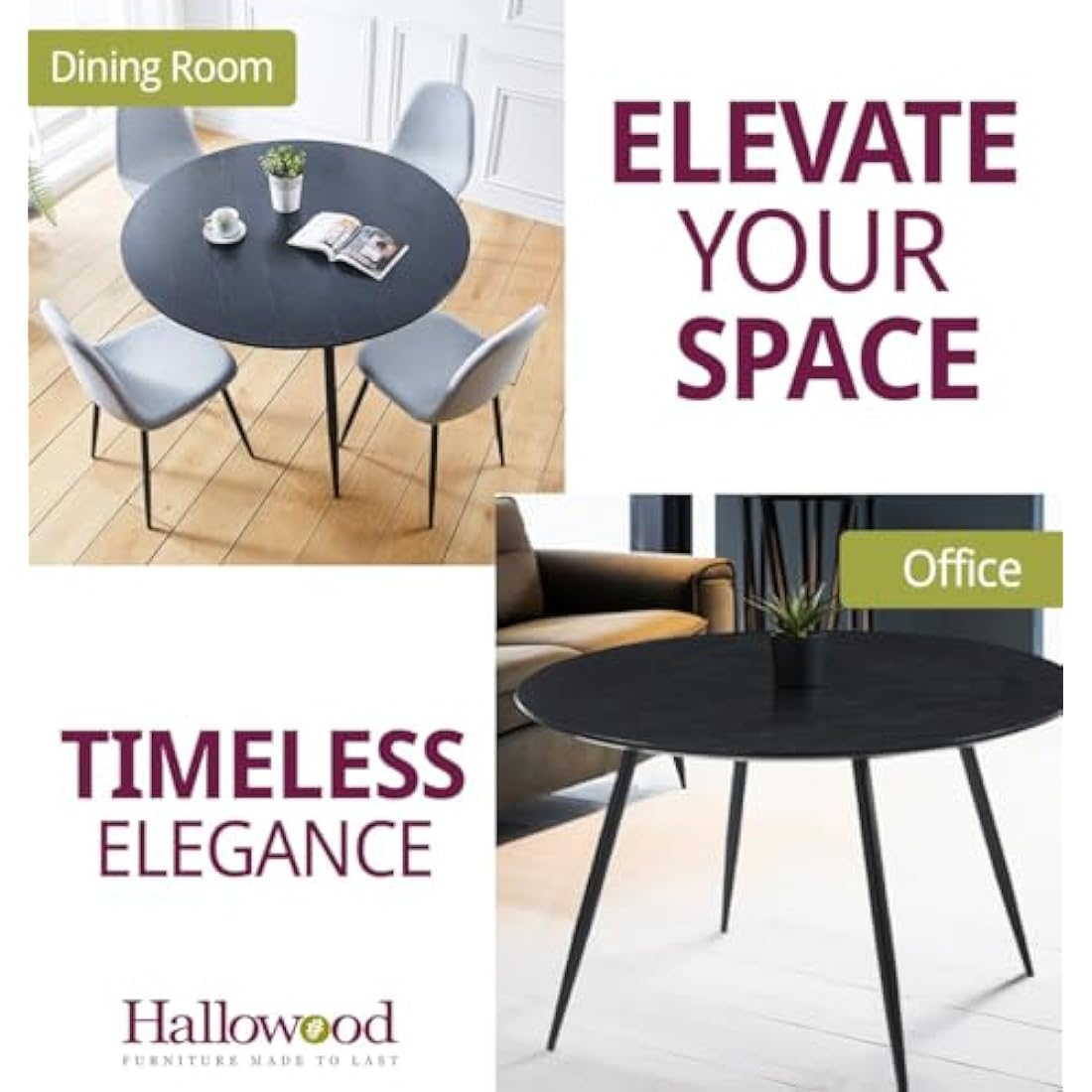 Hallowood Furniture Cullompton Large Black Dining Table with Black Metal Legs, Wooden Effect Top 4-6 Seater Round Table for Dining Rooms, Kitchens, or Cafés