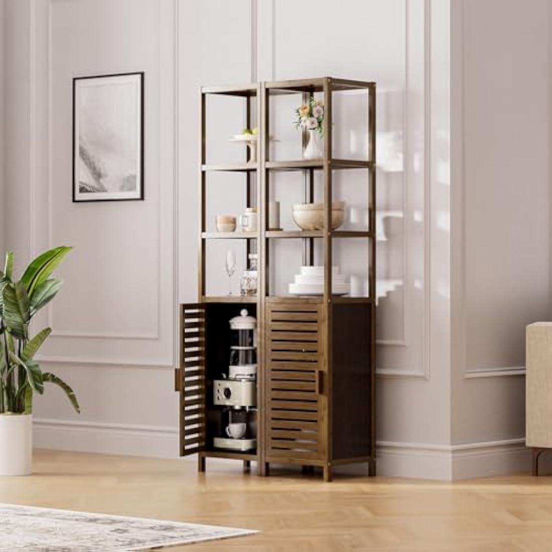 HITNET Bathroom Storage Cabinet Bamboo, Tall Narrow Space Saver Organizer Floor Standing for Kitchen, 4 Open Shelves and 1 Cupboard with Door, Walnut