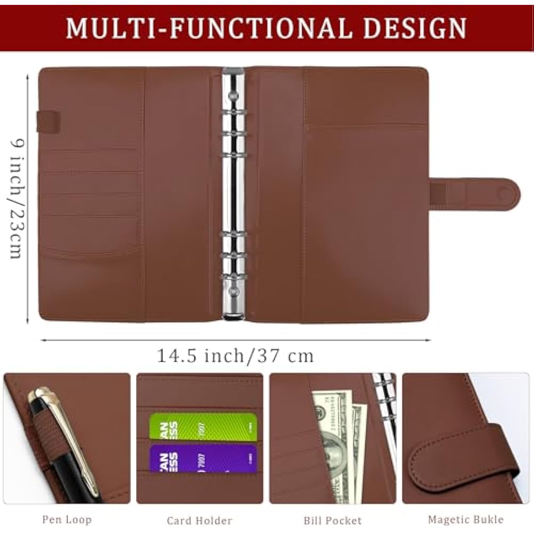 HAUTOCO PU Leather A5 Ring Binder Cover Refillable 6 Ring Budget Binder Notebook Organiser for A5 Refill Paper Insert for Office, School, and Travel, Brown