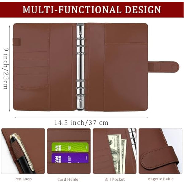 HAUTOCO PU Leather A5 Ring Binder Cover Refillable 6 Ring Budget Binder Notebook Organiser for A5 Refill Paper Insert for Office, School, and Travel, Brown