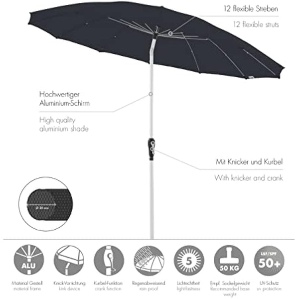 Doppler Asia Look SL-AZ Auto Tilt Parasol, 250 cm, Anthracite, Garden Umbrella, Bendable, Crank Umbrella with UV Protection 50+, Aluminium Crank Umbrella, Rain-Repellent Polyester Canopy