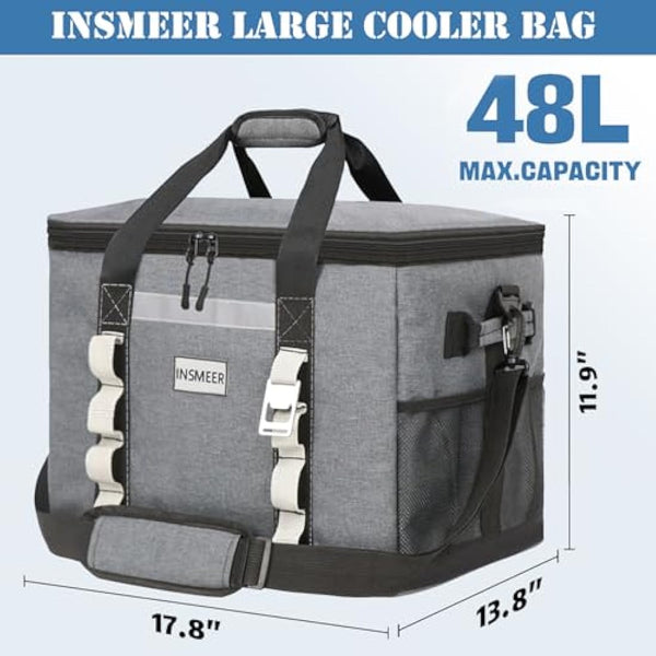 INSMEER Large Cooler Bag 65 Can, Soft Cooler Insulated 48L Foldable/Collapsible/Leakproof,with Opener&Removable Shoulder Strap, Portable Thermal Bag for Beach Picnic Grocery Shopping Camping