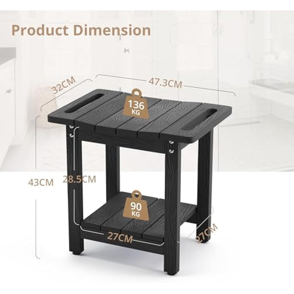 LUE BONA HDPS Shower Benches,Shower Stool for Shaving Legs with Shelf,Waterproof Bath Chair Seat for Bathroom,Weather Resistant/Non-Slip/Handles/Indoor or Outdoor Use,Black