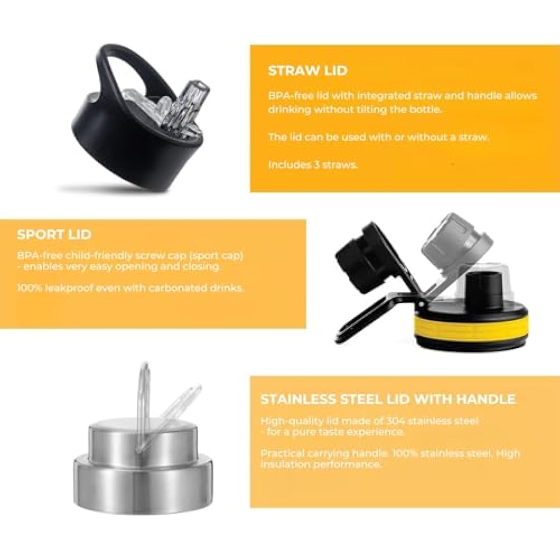 hydro2go Stainless Steel Water Bottle – BPA-Free Bottle for Kids, School, Sports & Outdoor – Keeps Drinks Hot for up to 12H and Cold for up to 24H – Includes 3 Drinking Caps – 950 ml (Sun)