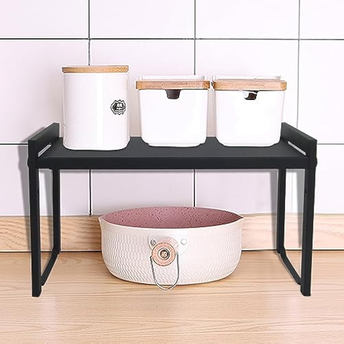 Goodsnetic Expandable Cabinet Shelf 13.8~26"(L), Stackable Kitchen Counter Organizer, 33LBS Heavy Duty Riser, Countertop Storage Pantry shelf, Durable Metal Sink Shelf (Black L)