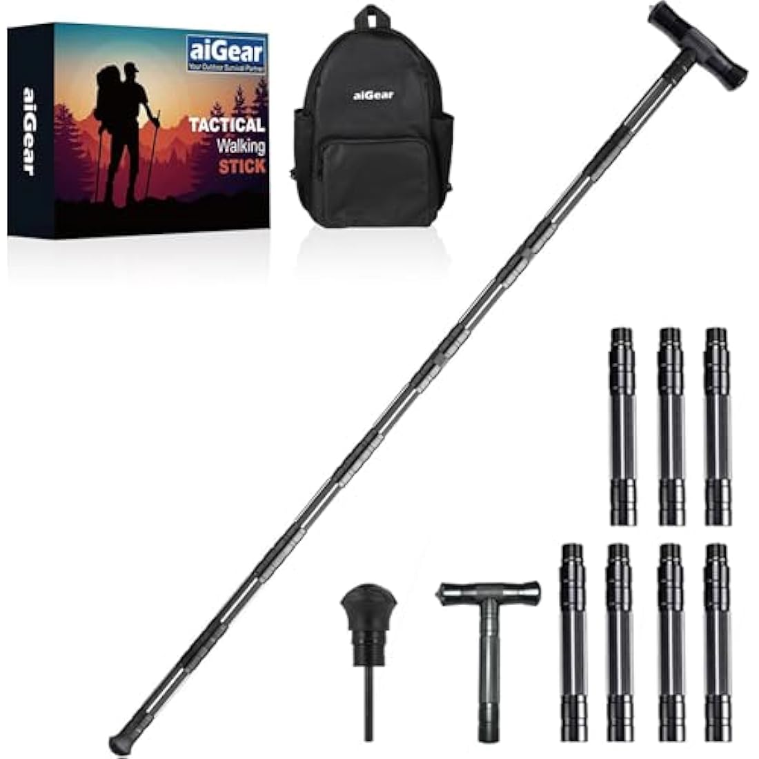 aiGear Tactical Stick/Hiking Trekking Poles | CNC Machined Aluminum Tactical Cane with 3 Outdoor Tool | Suitable For Hiking Camping Mountaining Backpacking | Color Black