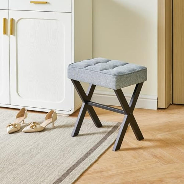 IBUYKE Square Makeup Stool with X-Leg Foot Rest, Linen Footrest Stool, Ottoman Seat Vanity Stool, Multi-Use as Small Side Table, for Bedroom, Living Room, Blue Gray L/G-70L